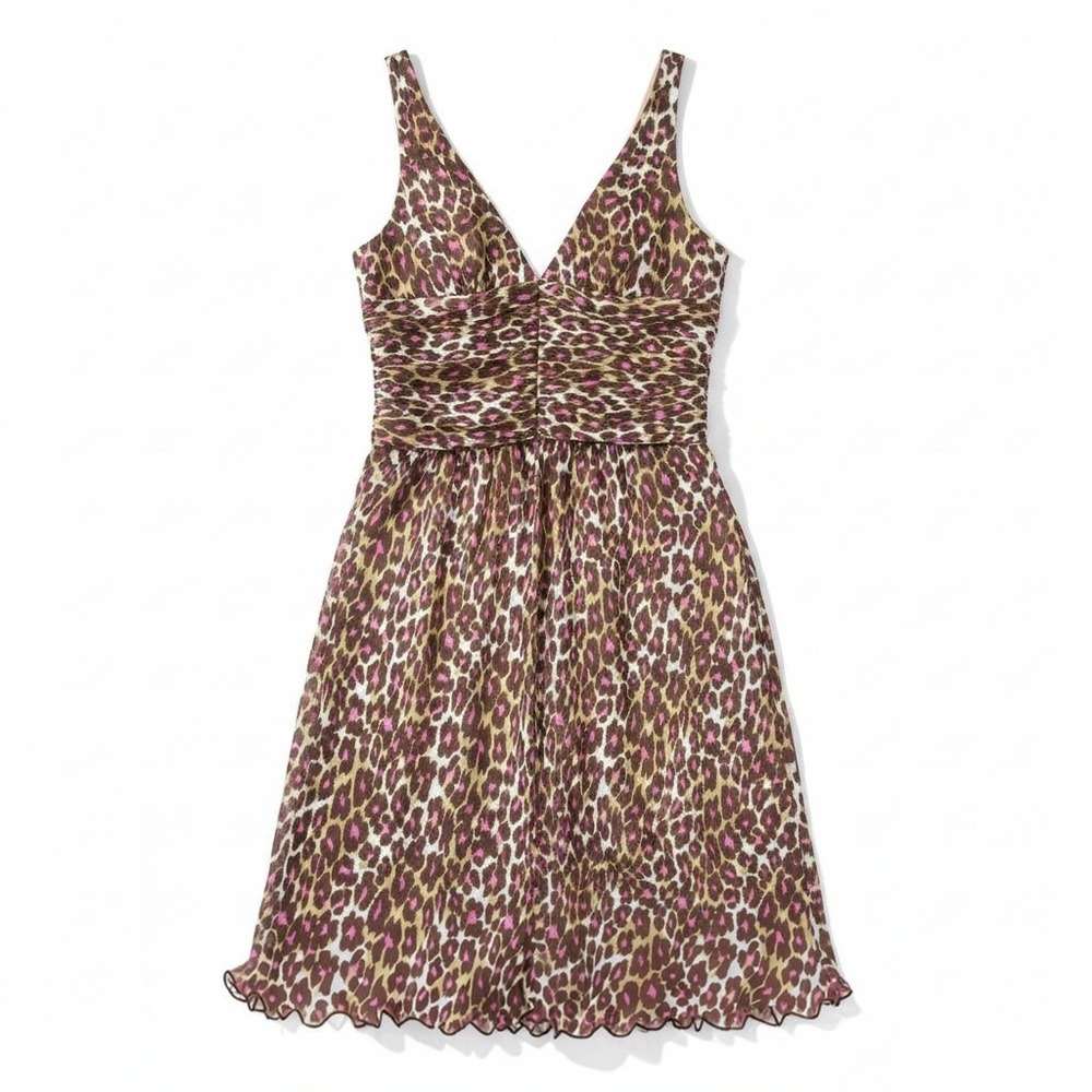 Trina Turk Silk Midi‎ Dress 6 Brown Pink Leopard Ruched Lettuce Hem Mobwife
